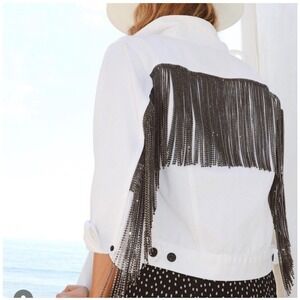 NWT Daniel Diamond‎ White Denim Jacket Black Rhinestone Fringe Women's M Men's S